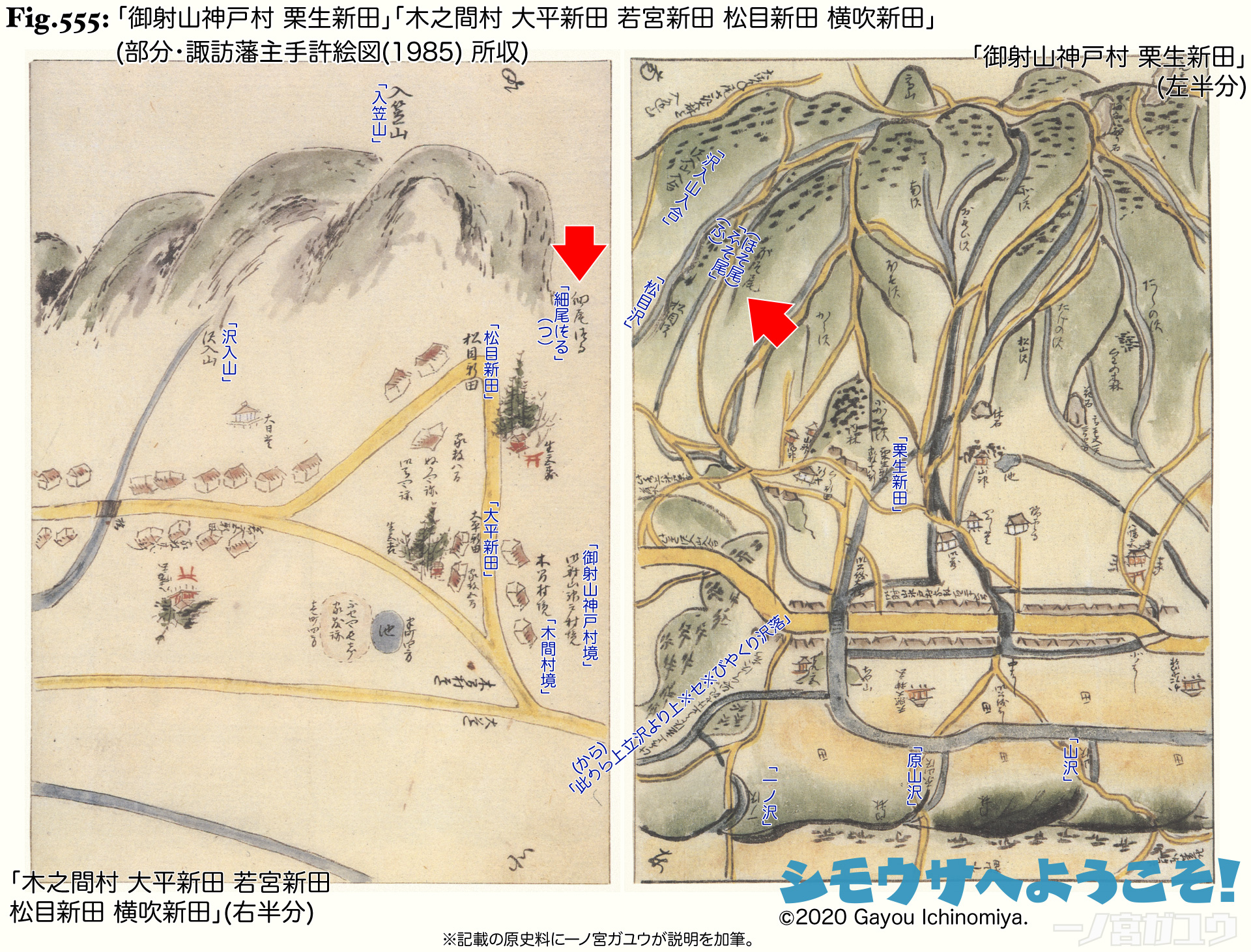 Fig.555: 「御射山神戸村 栗生新田」「木之間村 大平新田 若宮新田 松目新田 横吹新田」(部分・諏訪藩主手許絵図(1985) 所収)