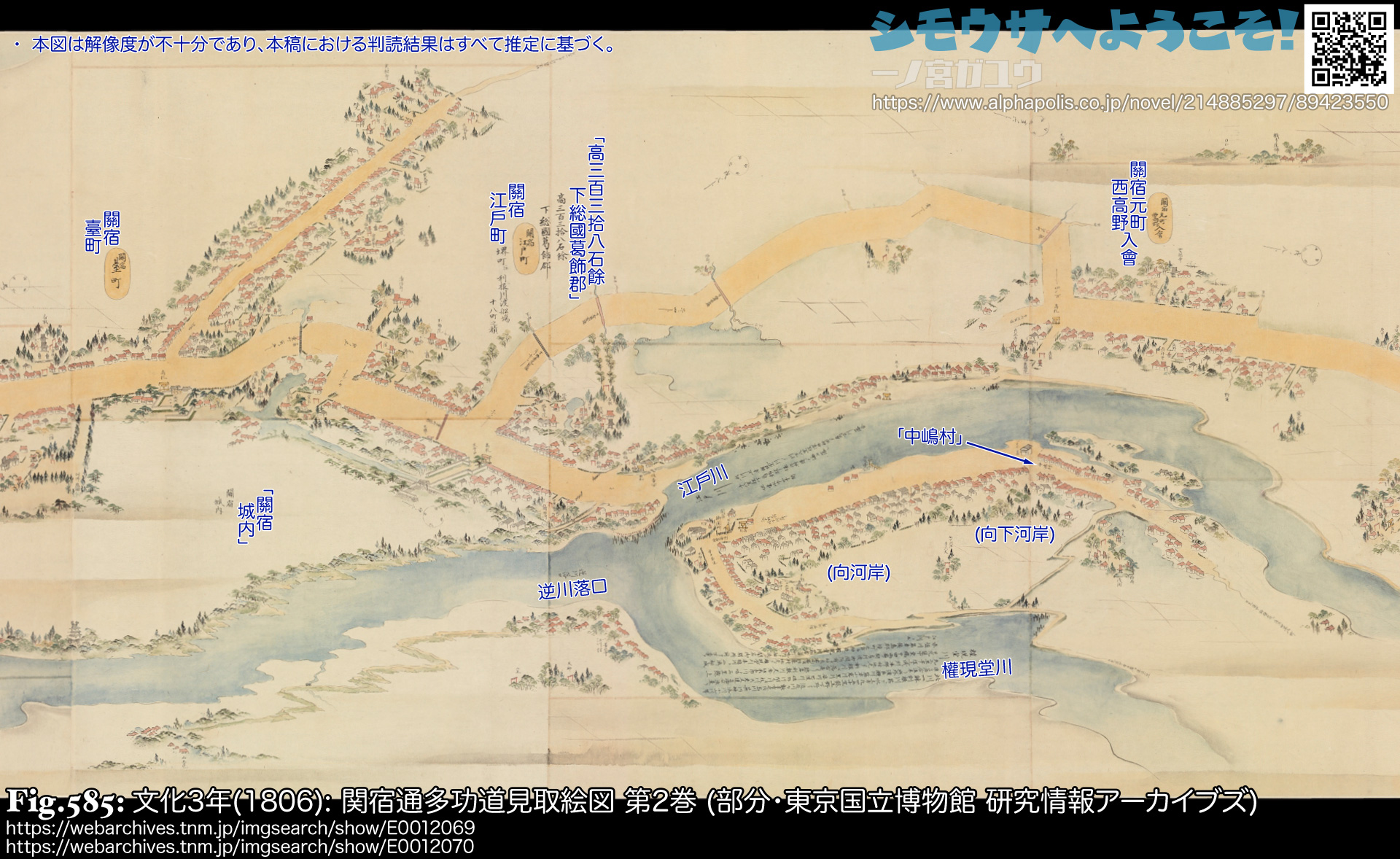 Fig.585: 文化3年(1806): 関宿通多功道見取絵図 第2巻 (部分・東京国立博物館 研究情報アーカイブズ)