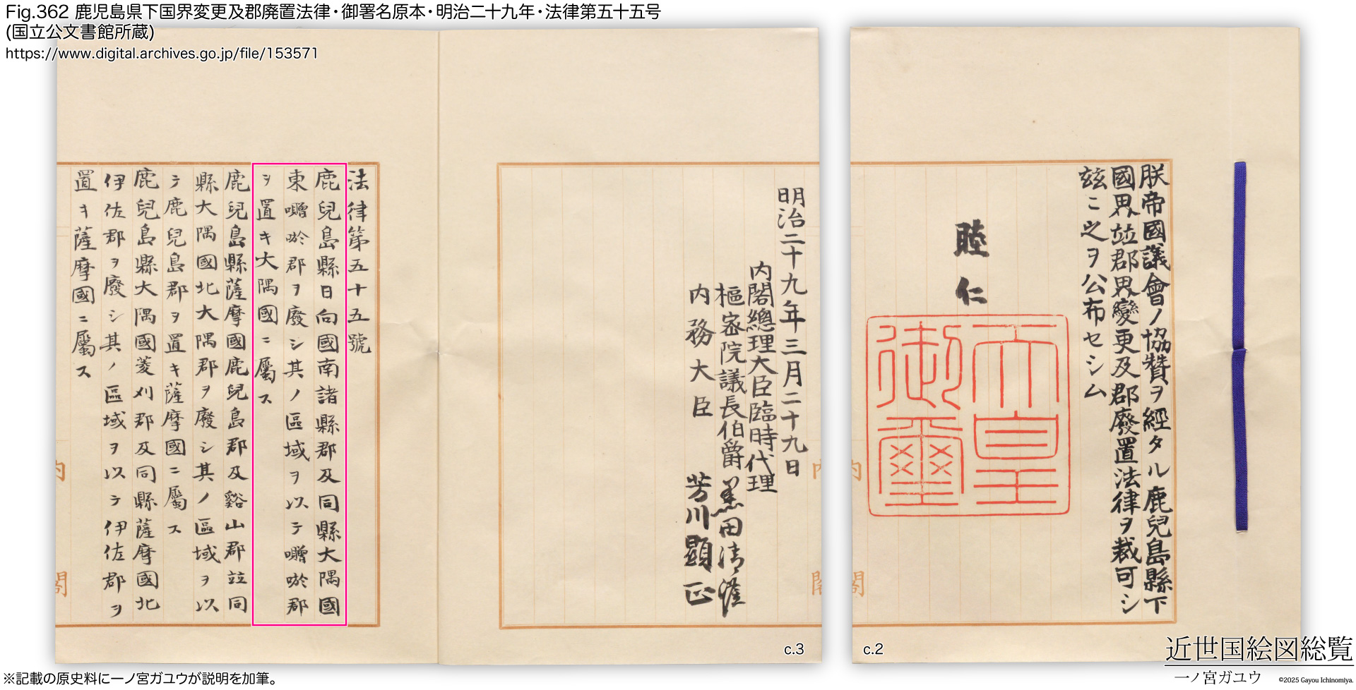 Fig.363 鹿児島県下国界変更及郡廃置法律・御署名原本・明治二十九年・法律第五十五号 (国立公文書館所蔵)