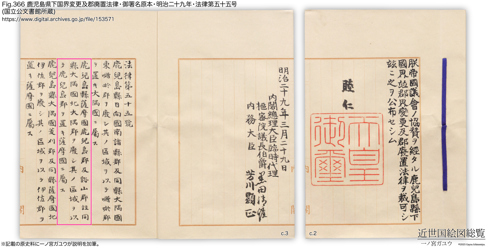Fig.366 鹿児島県下国界変更及郡廃置法律・御署名原本・明治二十九年・法律第五十五号 (国立公文書館所蔵)